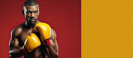 une concentré noir boxeur posant avec rouge gants prêt à coup de poing contre une Jaune Contexte à la recherche à le côté photo
