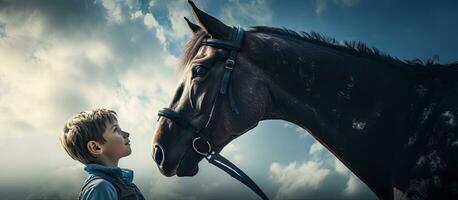 composite image de une caucasien garçon interagir avec une cheval avec une clair ciel dans le Contexte représente enfance animaux des sports et équestre concurrence photo
