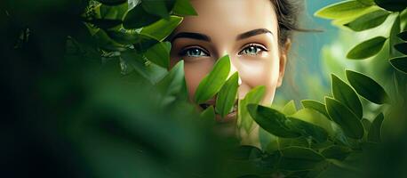 magnifique femme souriant dans vert feuillage orienté vers le caméra avec copie espace photo