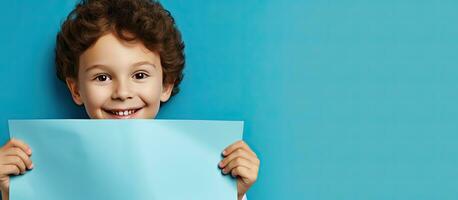 enfant avec bleu papier et espace pour un d portant une joyeux expression photo