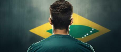 arrière vue de une homme avec brésilien drapeau et prendre plaisir cette brésilien journée texte concept de nationale fierté fête et identité photo