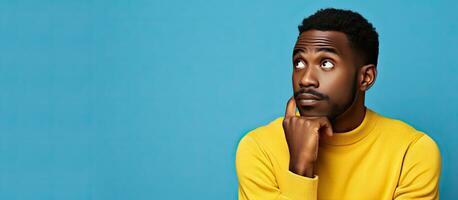 Jeune africain américain homme dans bleu chandail à la recherche douteux émouvant le sien visage isolé sur Jaune Contexte pour publicité photo