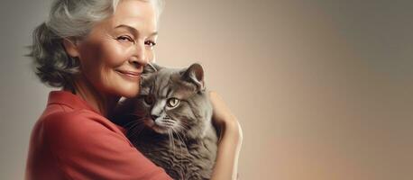 caucasien Sénior femme avec chaton promouvoir animal de compagnie se soucier et adoption photo