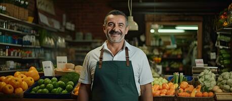 Latin homme dans un tablier dans une marchand de légumes s magasin à la recherche à le caméra photo