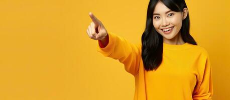Jeune asiatique femme dans 30s portant un Orange chemise suggère produit sur Jaune Contexte photo