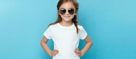 photographier de attrayant enfant modèle enfant dans décontractée été vêtements posant dans mode studio contenu fille portant blanc polo chemise et des lunettes de soleil avec bras photo