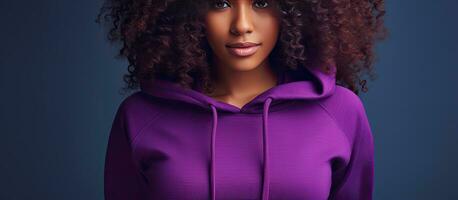 africain américain femme dans violet sweat-shirt se concentrer sur mode et conception photo