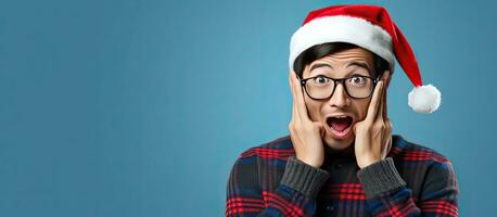 asiatique homme avec des lunettes et bonnet chapeau montrer du doigt une façon avec une téléphone intelligent sur une bleu Contexte photo