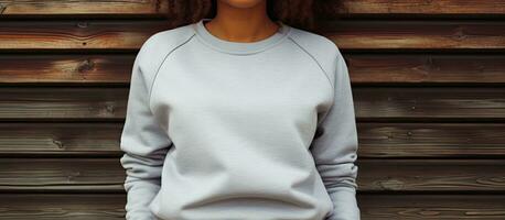 africain américain femme dans gris sweat-shirt par en bois clôture espace pour texte à la mode décontractée porter intacte photo