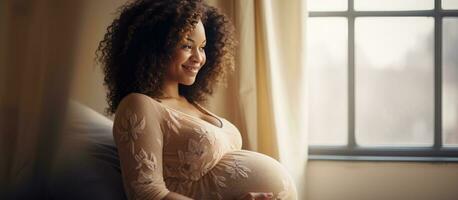 Jeune Enceinte noir femme souriant et à la recherche à vide espace profiter sa grossesse près une fenêtre à Accueil photo