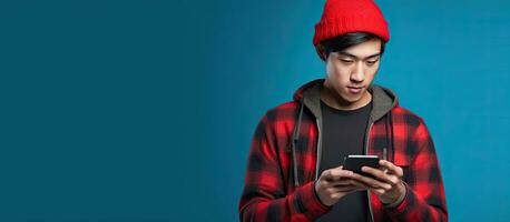 réfléchi asiatique homme dans bonnet et plaid chemise contemplant décision en portant téléphone sur bleu Contexte photo