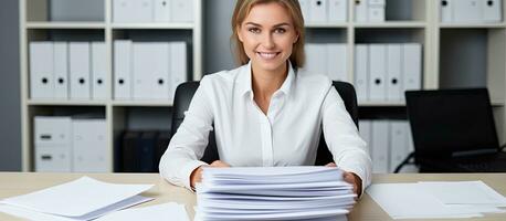 caucasien femme à bureau content sourire blanc chemise papier les documents à la recherche à caméra photo