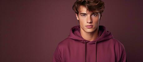 mode modèle portant une rouge sweat-shirt sur une violet Contexte avec espace pour texte mettant en valeur moderne jeunesse style et Hommes s coupes de cheveux photo