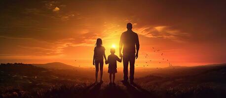 une le coucher du soleil silhouette de une famille permanent sur une colline regarder vers le horizon photo