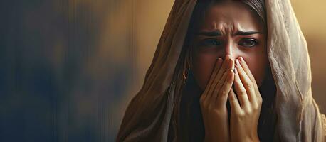 composite image de une femme pleurs à Accueil sur international les veuves journée soulignant tristesse injustice et social problèmes photo