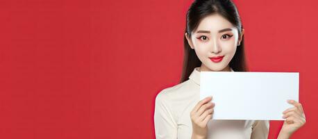 magnifique Jeune asiatique femme en portant une Vide blanc panneau d'affichage pour texte photo