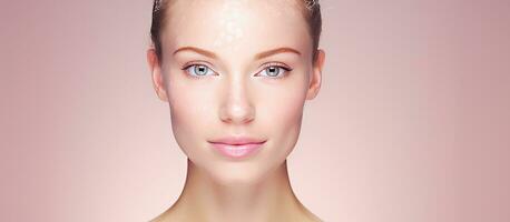 numérique composite portrait de une Jeune femme avec diverse peau pigmentation sur une rose Contexte promouvoir conscience et peau se soucier photo