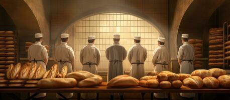 groupe de boulangers par une plateau de baguettes prêt à être cuit dans le boulangerie photo