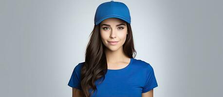 attrayant brunette promoteur avec bleu chemise et casquette permanent sur blanc Contexte avec espace pour texte photo