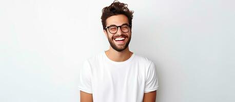 content homme dans élégant des lunettes souriant sur blanc Contexte branché tenue pièce pour texte photo