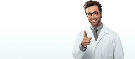 Masculin médecin dans blanc manteau et des lunettes souriant et faire des gestes sur une blanc Contexte à la recherche à le caméra beaucoup de espace pour texte et santé en relation conten photo