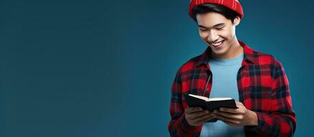 réfléchi asiatique Masculin étudiant dans bleu Contexte avec livre et téléphone portant une bonnet chapeau et rouge plaid flanelle chemise photo