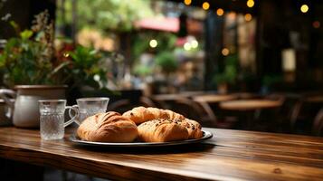 Frais petits pains pain Pâtisserie mensonges sur le table dans le café boulangerie sélectif concentrer flou Contexte. ai généré photo