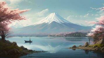 une grand Montagne avec une neige casquette à le Haut dans Japon avec Cerise fleurs dans le Contexte de une cystique Lac paysage. ai généré photo