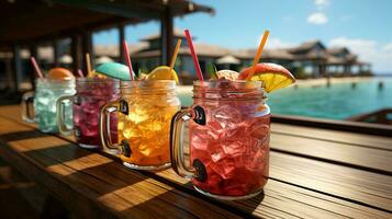 délicieux tropical sucré rafraîchissant Frais fruit des cocktails avec pailles effrayant les boissons sur le plage. vacances vacances concept à le station balnéaire. ai généré photo