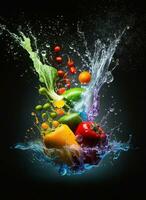 éclabousser fruit sur l'eau. Frais fruit et des légumes étant coup comme elles ou ils submergé en dessous de l'eau. ai génératif photo