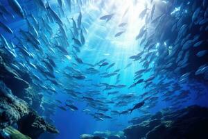 sous-marin vue de une école de poisson dans le rouge mer. une école de sardines dans une bleu tropical corail récif, ai généré photo