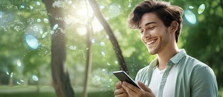 souriant homme en utilisant téléphone intelligent dans parc pour social médias journée fête sans fil lien concept photo