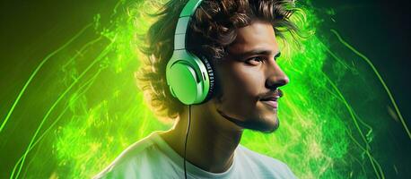 homme avec écouteurs profiter la musique et dansant dj avec joyeux sourire branché adolescent mode de vie portrait avec vert Contexte et néon lumières ouvert zone pour te photo