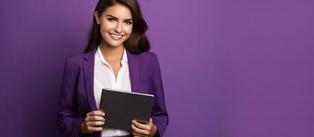 souriant Jeune européen femme d'affaires en portant tablette plus de violet Contexte avec copie espace éducation La technologie et affaires concept photo