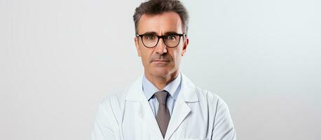 une sérieux Masculin médecin dans blanc tenue avec lunettes permanent contre une blanc Contexte à la recherche à le caméra avec pièce pour texte photo