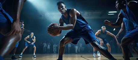 une intervalle de basketball joueurs dans bleu tenue tournage cerceaux dans une Gym sport activité travail en équipe et mode de vie photo