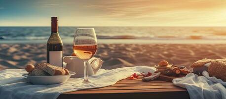 copie espace disponible pour une soumissionner moment comme une content couple jouit une romantique plage pique-nique avec du vin photo