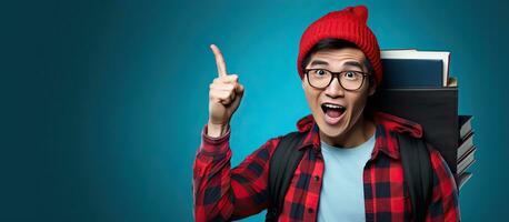 asiatique étudiant dans bonnet chapeau et flanelle chemise avec des lunettes et sac à dos en portant livres et faire des gestes à côté de Vide zone contre bleu toile de fond photo