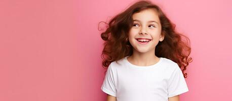 mignonne caucasien fille dans une blanc chemise sur une Jaune Contexte à la recherche à les publicités photo