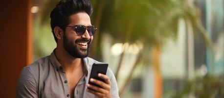 fermer coup de une souriant Jeune Indien homme dans lunettes parlant sur cellule téléphone et à la recherche de côté avec copie espace photo