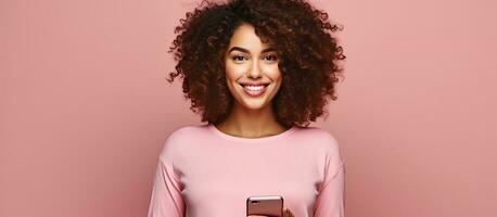 femelle blogueur avec frisé cheveux et rose tenue en portant téléphone pour vidéo appel sur une rose Contexte avec La technologie et social médias éléments en ligne présence photo