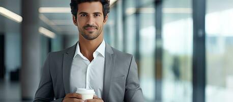 arabe homme en portant café tasse sur de soi permanent par verre mur dans Bureau et à la recherche à caméra photo