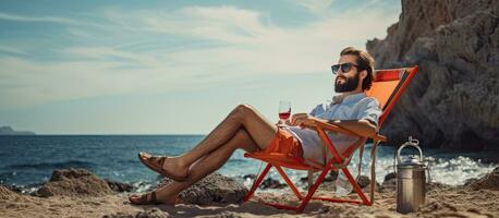 millénaire homme profiter Extérieur loisir par le océan repos dans une camping chaise en buvant un soda photo