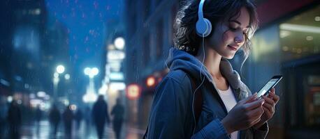 la nuit ville promenade Dame Heureusement des promenades écouteurs dans téléphone intelligent dans main souriant à la recherche autour espace pour texte photo