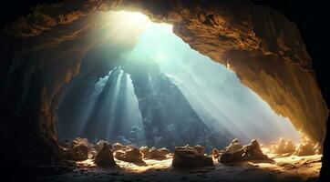 la grotte avec lumière brillant de dehors. magnifique la grotte avec lumière du soleil photo