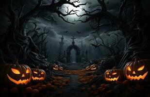 effrayant Contexte pour Halloween avec tordu des arbres, jack o lanternes et chauves-souris en volant dans le ciel photo