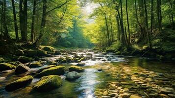 rivière dans le les bois ai généré photo