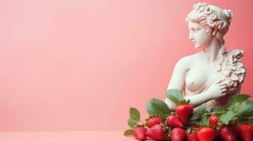 art sculpture de ancien italien de marbre avec fraise isolé sur une pastel Contexte avec une copie espace photo