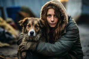 sans abri femme avec chien photo