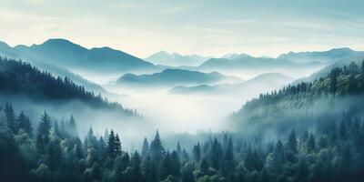 illustration Montagne forêt brouillard Matin mystique. ai génératif photo